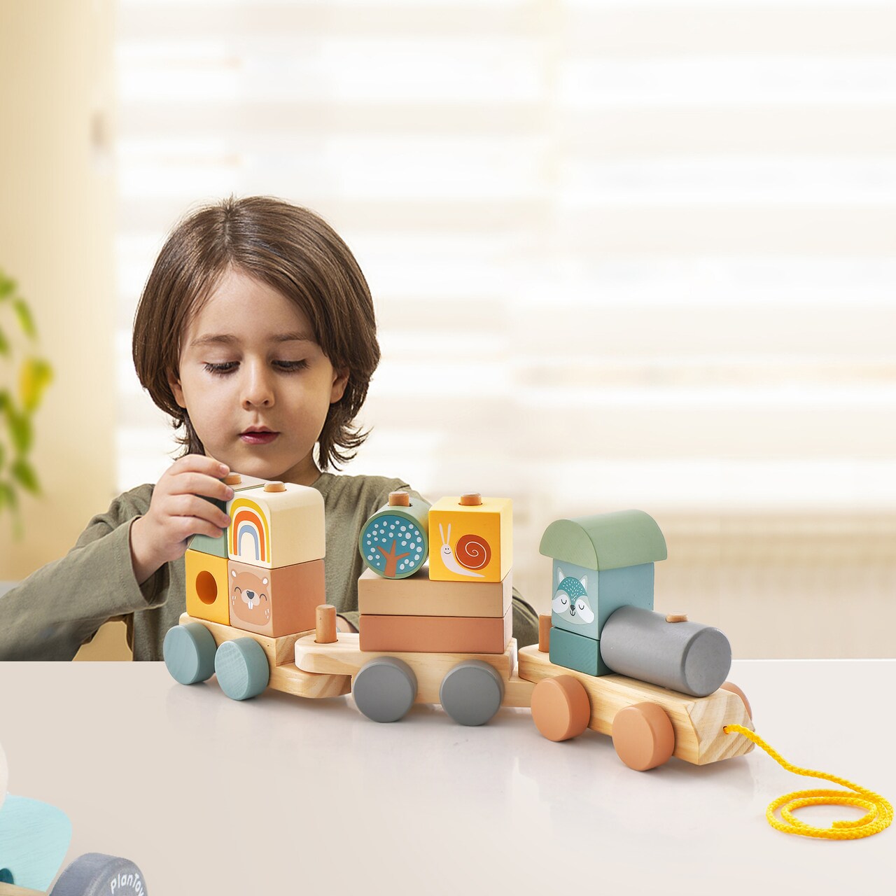 Stacking Wooden Train Set for Kids with Designs and Pull-Along Rope